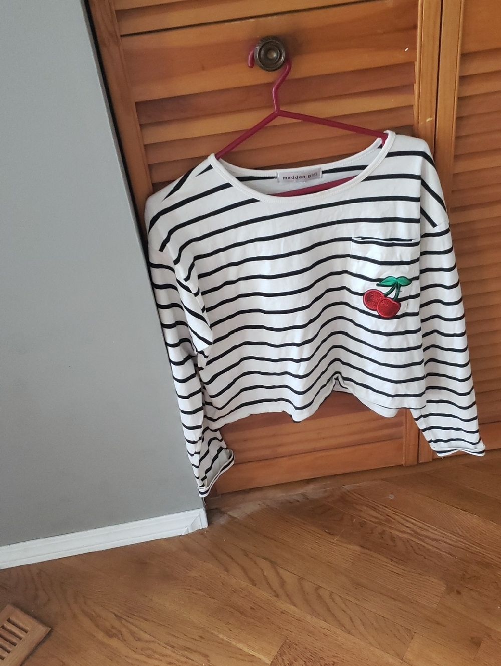 Madden Girl White & Black Striped Long-Sleeve Top with Cherry Patch